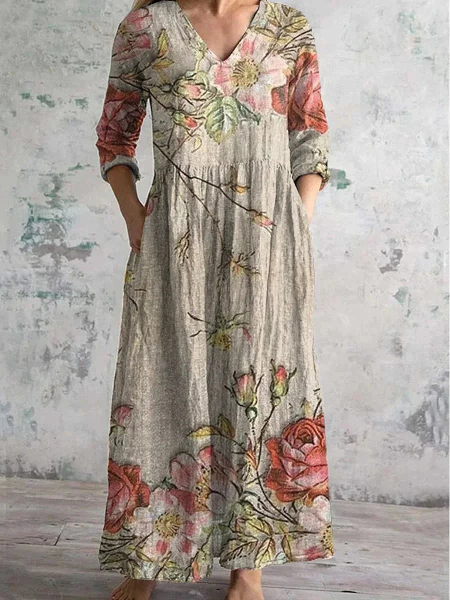 Abito Lungo Donna Stampa Floreale Scollo a V Manica Lunga - Vesarelli