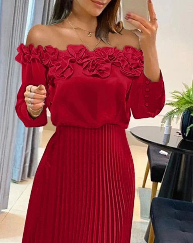 Robe longue rouge à épaules dénudées, volants floraux, jupe plissée, en chiffon léger, parfaite pour les soirées…
