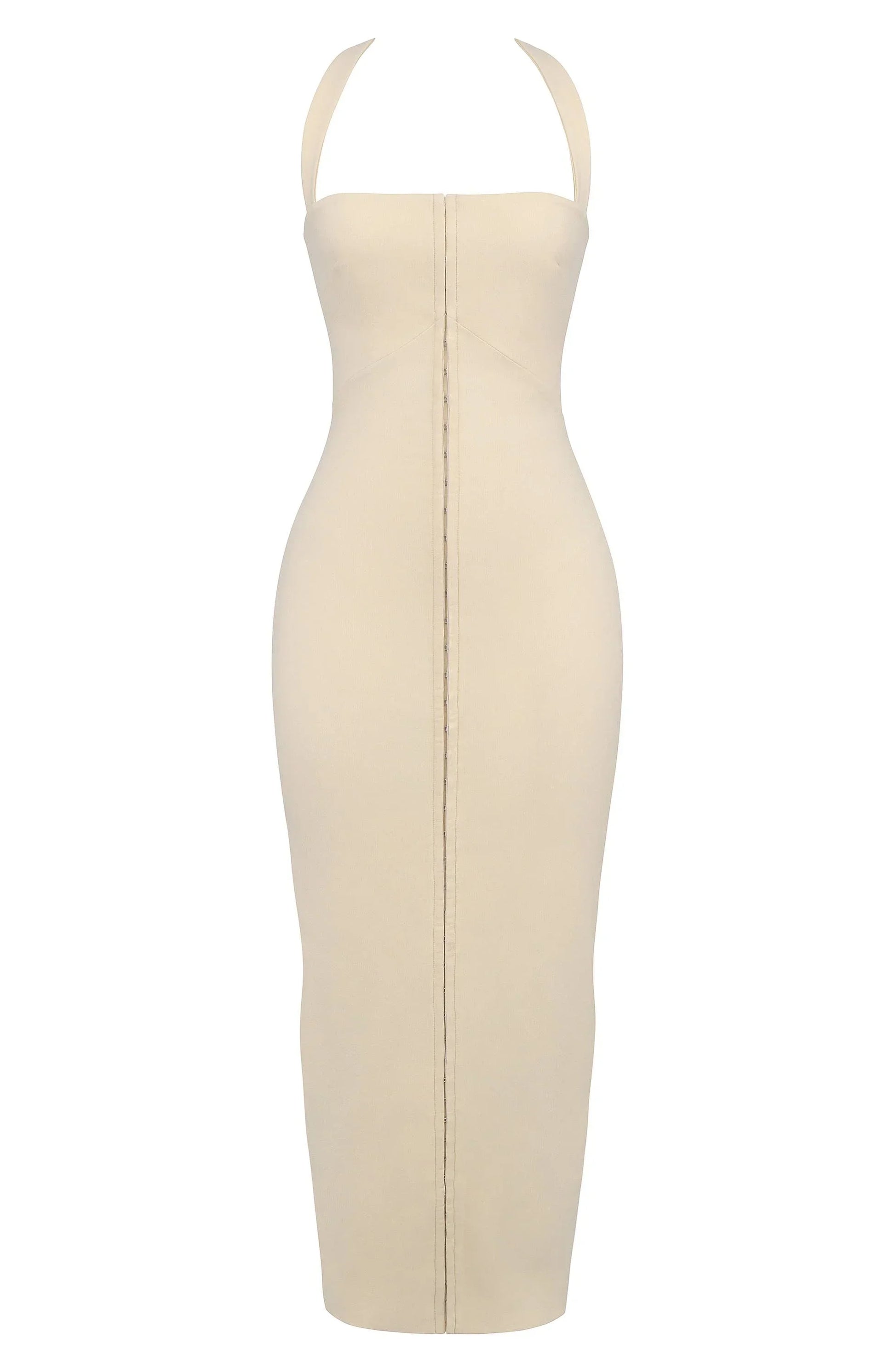 Robe longue ajustée sans manches en tissu léger, avec une fermeture zippée au dos pour un enfilage facile et un style moderne.