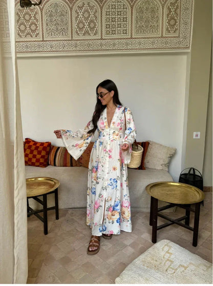 Abito Lungo Donna Stile Boho Maniche Lunghe Fantasia Floreale - Vesarelli