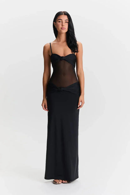 Robe longue bustier longue en tissu léger, effet transparent, avec un nœud élégant à la taille, idéale pour l'été.