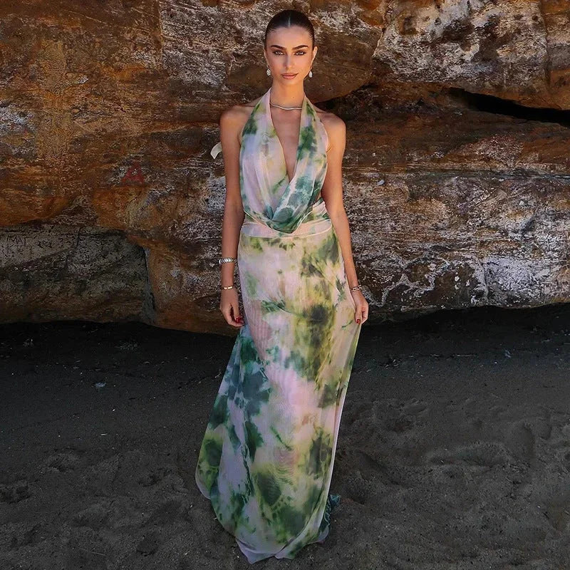 Abito Lungo Donna Tessuto Tie-Dye Schiena Scoperta - Vesarelli