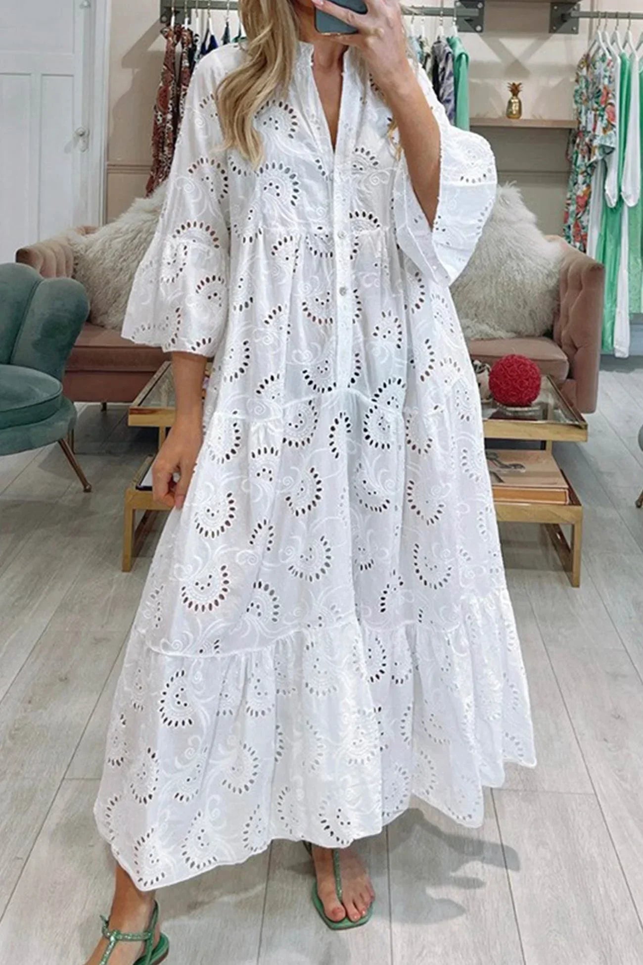 Abito Lungo Donna Ajouré Manica Corta Scollo a V - Vesarelli