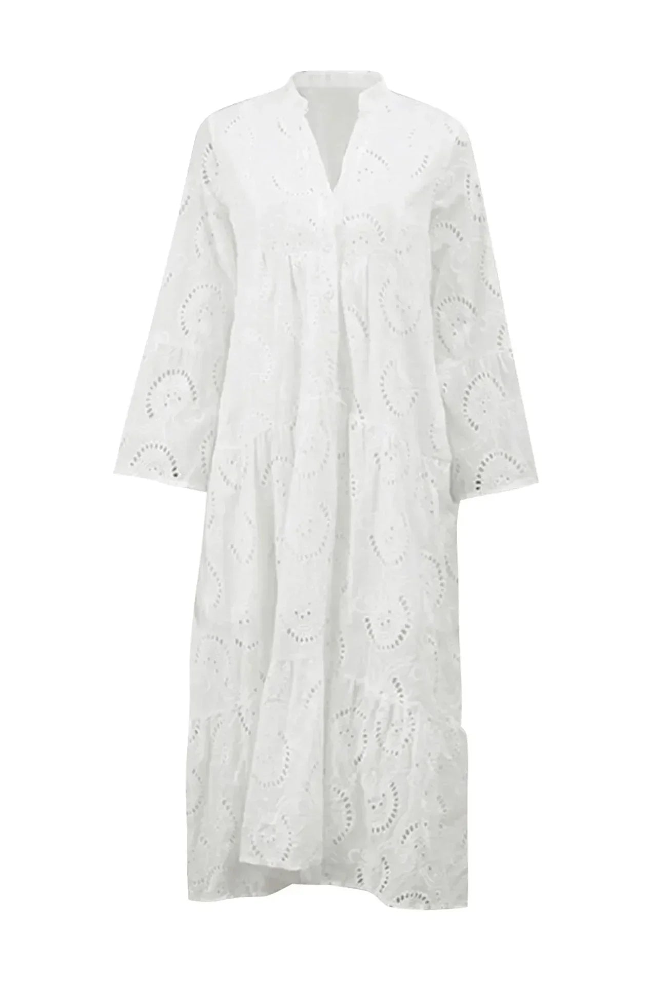Robe longue en dentelle ajourée, légère, manches 3/4 et col en V, idéale pour les journées d'été.
