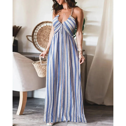 Robe maxi pour femme en tissu fluide, à rayures bleues, avec bretelles ajustables et coupe confortable.