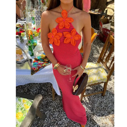 Abito Lungo Donna in Crochet con Fiori Applicati - Vesarelli