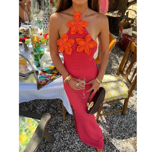 Abito Lungo Donna in Crochet con Fiori Applicati - Vesarelli