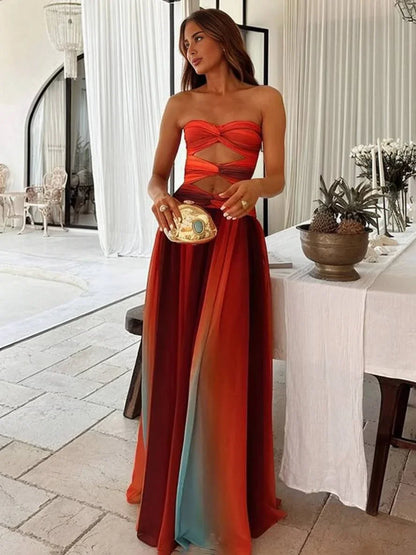 Abito Maxi Donna Fluido con Bandeau Arricciato e Taglio in Vita - Vesarelli