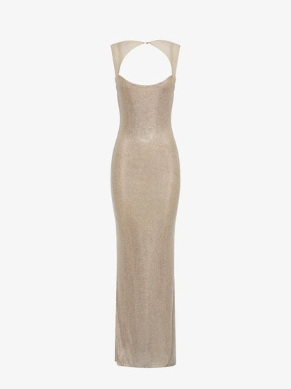 Robe maxi femme en tissu argenté, dos nu avec sequins brillants, parfaite pour une occasion spéciale.