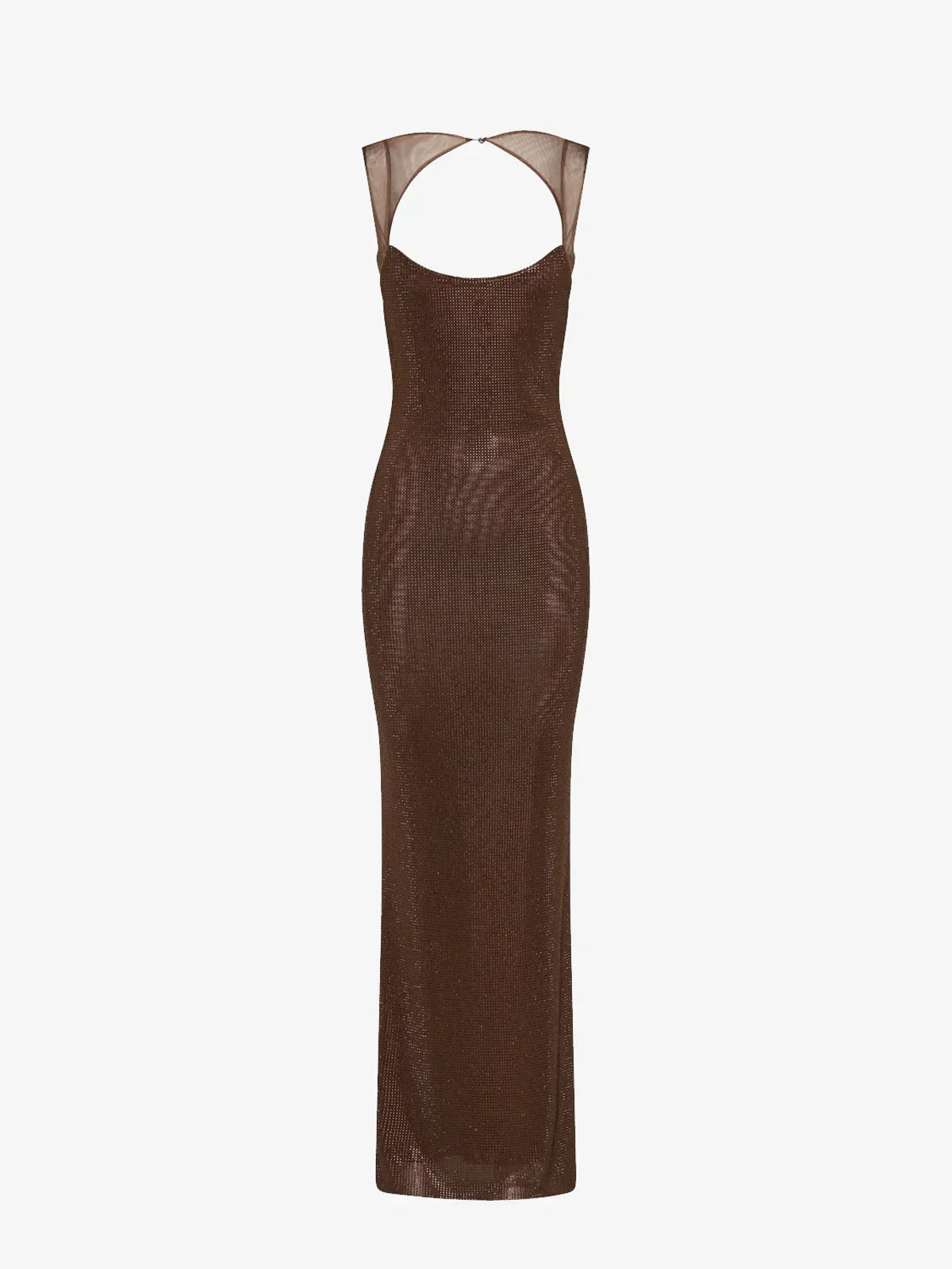 Robe maxi marron femme en satin, dos nu décoré de sequins brillants, idéale pour des soirées élégantes.