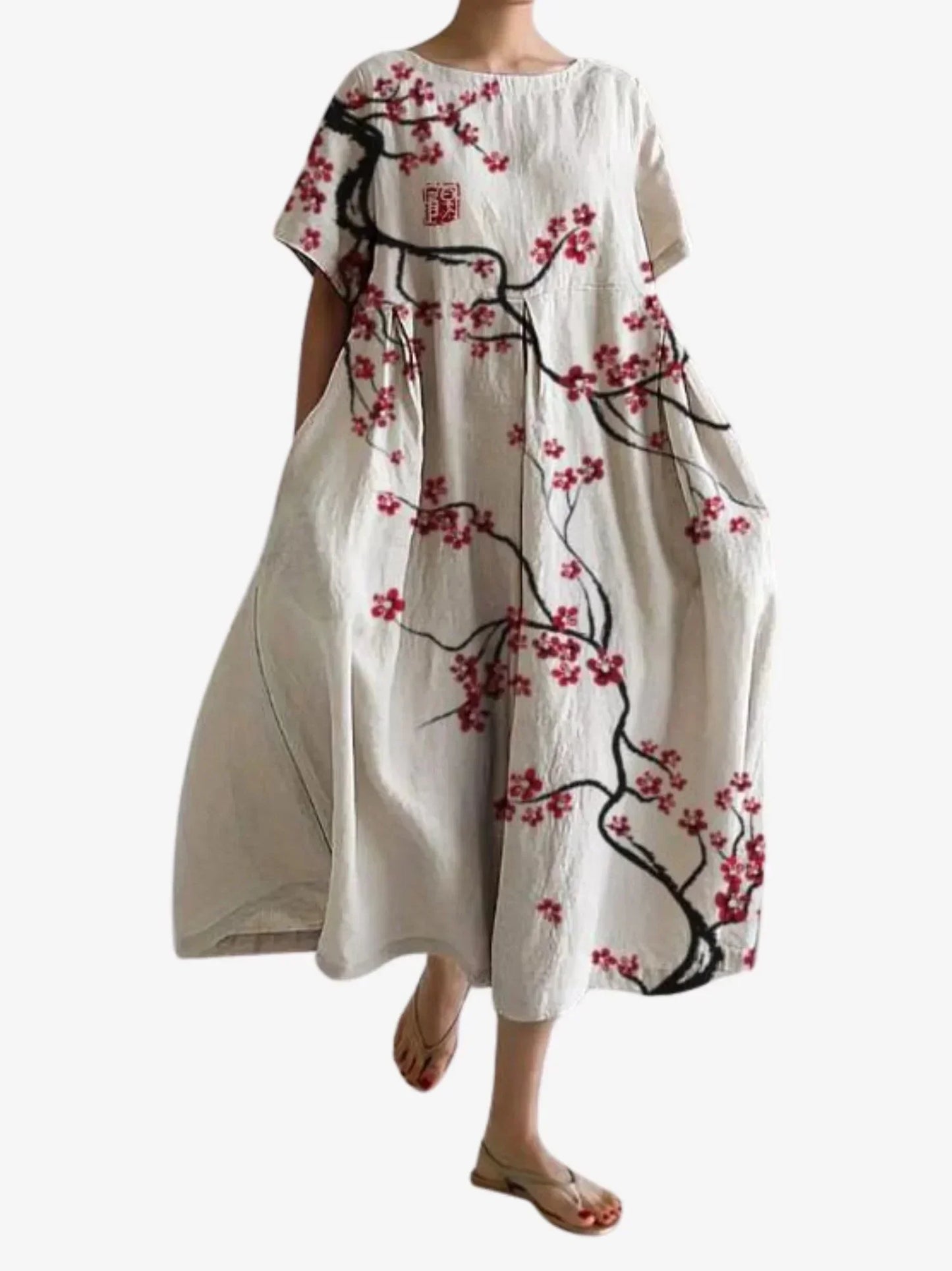 Abito Maxi Donna Fantasia Floreale Manica Corta Tasche Ampie - Vesarelli