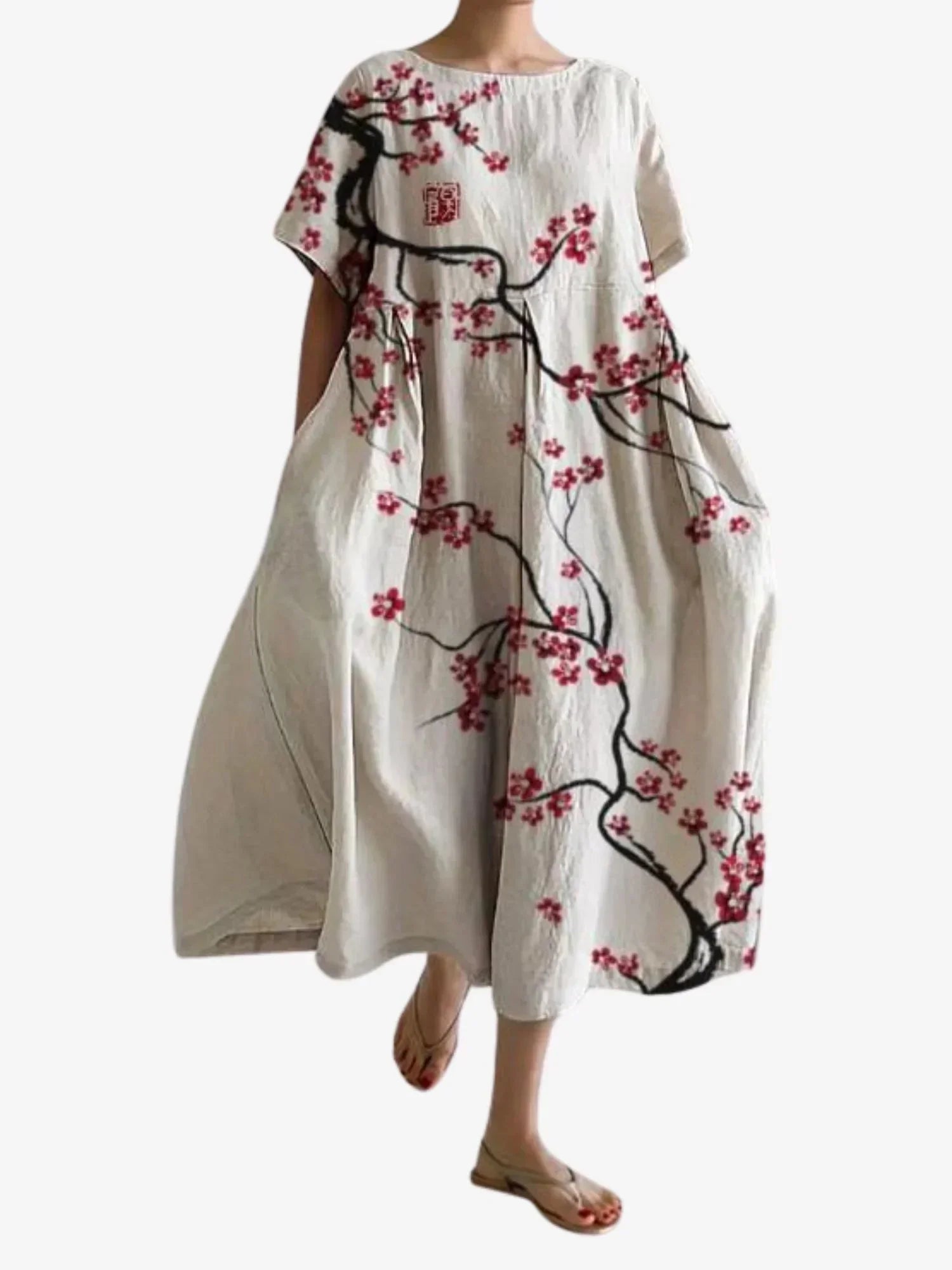 Abito Maxi Donna Fantasia Floreale Manica Corta Tasche Ampie - Vesarelli