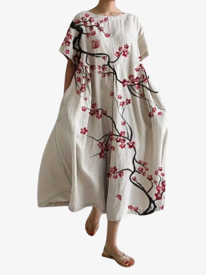 Abito Maxi Donna Fantasia Floreale Manica Corta Tasche Ampie - Vesarelli