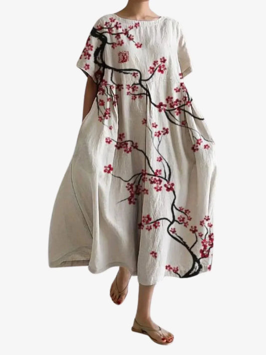 Abito Maxi Donna Fantasia Floreale Manica Corta Tasche Ampie - Vesarelli