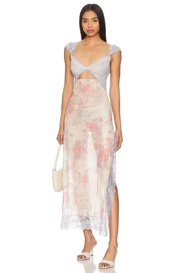 Robe maxi femme transparente avec fleurs, dentelle et design cache-cœur, idéale pour les occasions décontractées et…