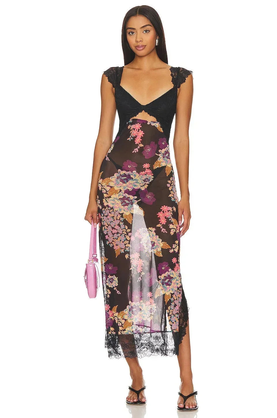 Robe maxi femme en dentelle transparente, à motifs floraux, avec un design cache-cœur et des manches longues.
