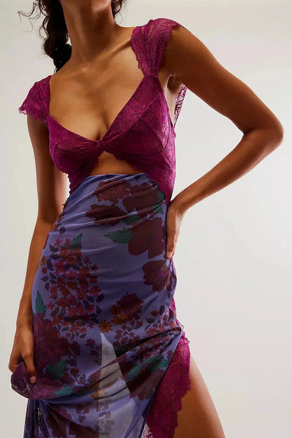 Robe maxi femme en dentelle transparente, avec un motif floral et un design cache-cœur élégant, parfaite pour l'été.