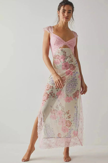 Robe maxi femme en dentelle florale transparente, design cache-cœur avec motifs marguerite, parfaite pour les occasions…