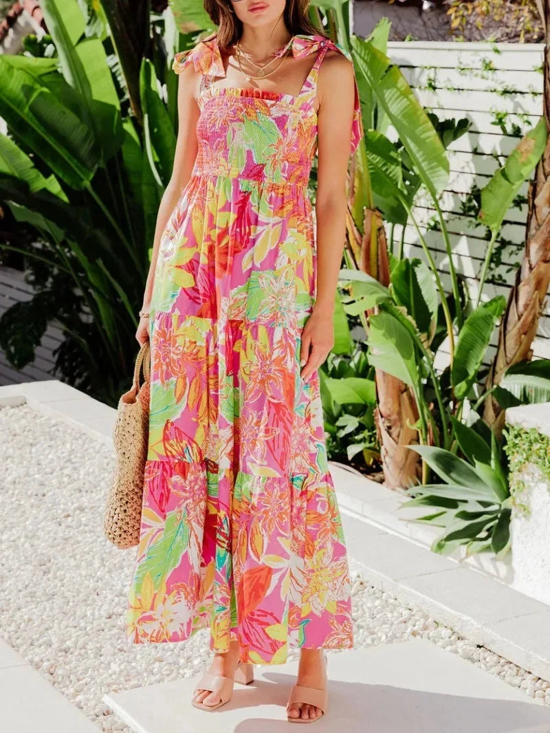 Abito Lungo Donna Estivo Stampa Tropicale Senza Maniche - Vesarelli