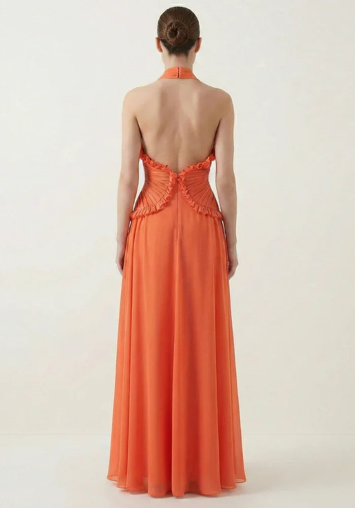Robe maxi femme orange à volants en coton léger, avec un décolleté en V et des manches évasées pour un style décontracté.