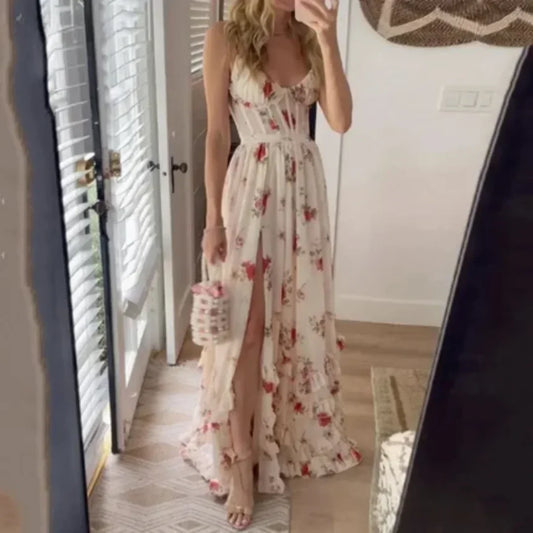 Abito Lungo Donna in Tessuto Floreale con Spacco e Scollo - Vesarelli