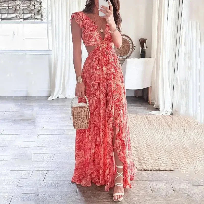 Abito Lungo Donna con Stampa Floreale Scollo a V e Tagli Eleganti - Vesarelli