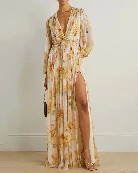 Abito Lungo Donna Fantasia Floreale Scollo a V con Spacco - Vesarelli