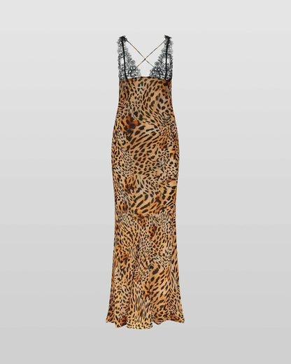 Robe longue en tissu léger avec imprimé animal, décolleté plongeant et bretelles en dentelle parfaite pour les soirées.