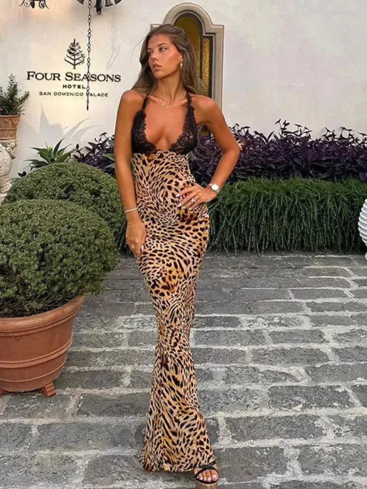Abito Lungo Donna Stampa Animalier Scollo Profondo Senza Maniche - Vesarelli
