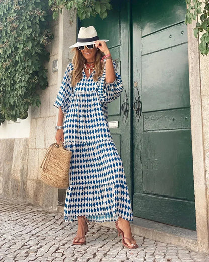 Robe longue à imprimé coloré, manches longues, col en V, en tissu fluide, parfaite pour l'été et le confort décontracté.