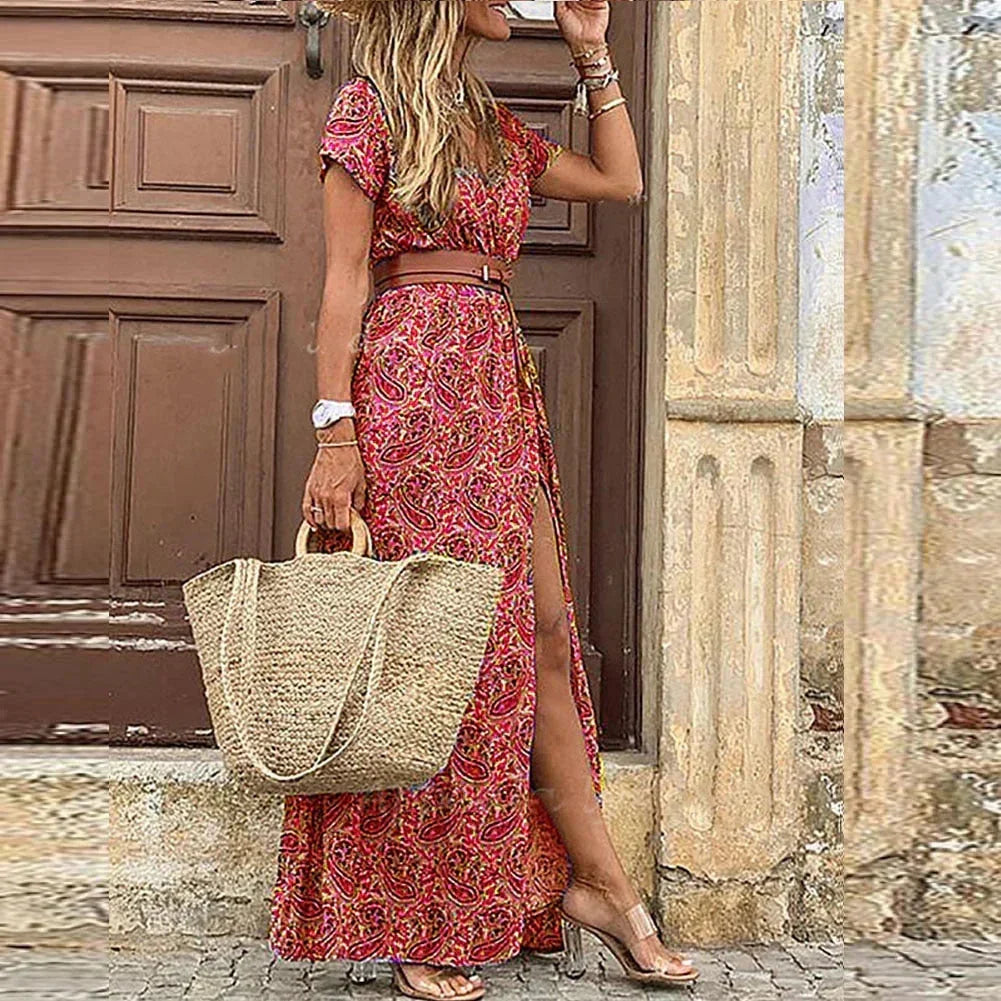 Robe longue imprimée fleurs, ample, col en V, ceinture, en polyester léger, parfaite pour l'été et les occasions décontractées.
