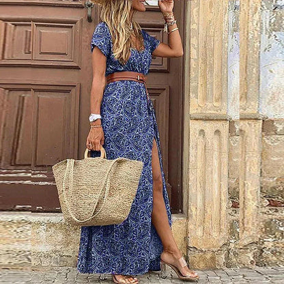 Robe longue d'été imprimée de fleurs, coupe ample avec col en V, ceinture ajustable, idéale pour un look décontracté.
