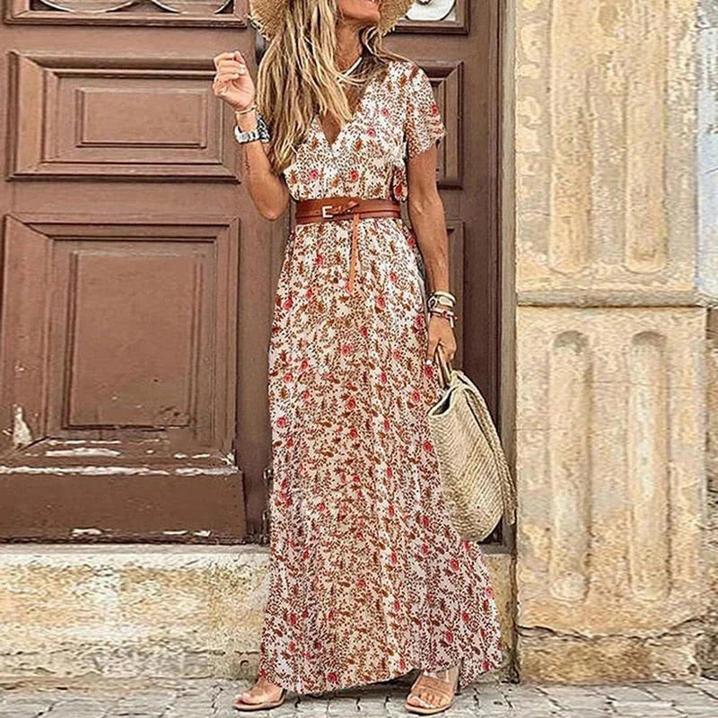 Abito Lungo Donna con Cintura e Stampa Floreale - Vesarelli