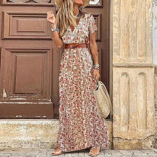 Abito Lungo Donna con Cintura e Stampa Floreale - Vesarelli