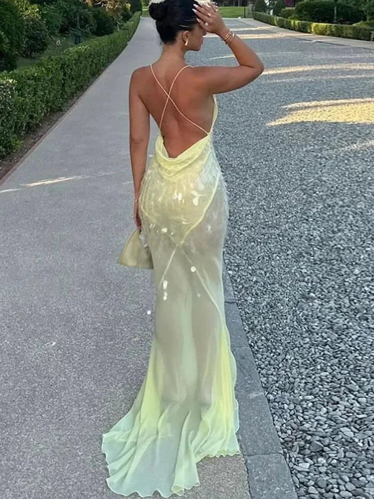 Abito Lungo Donna con Paillettes Scollo a V e Schiena Incrociata - Vesarelli