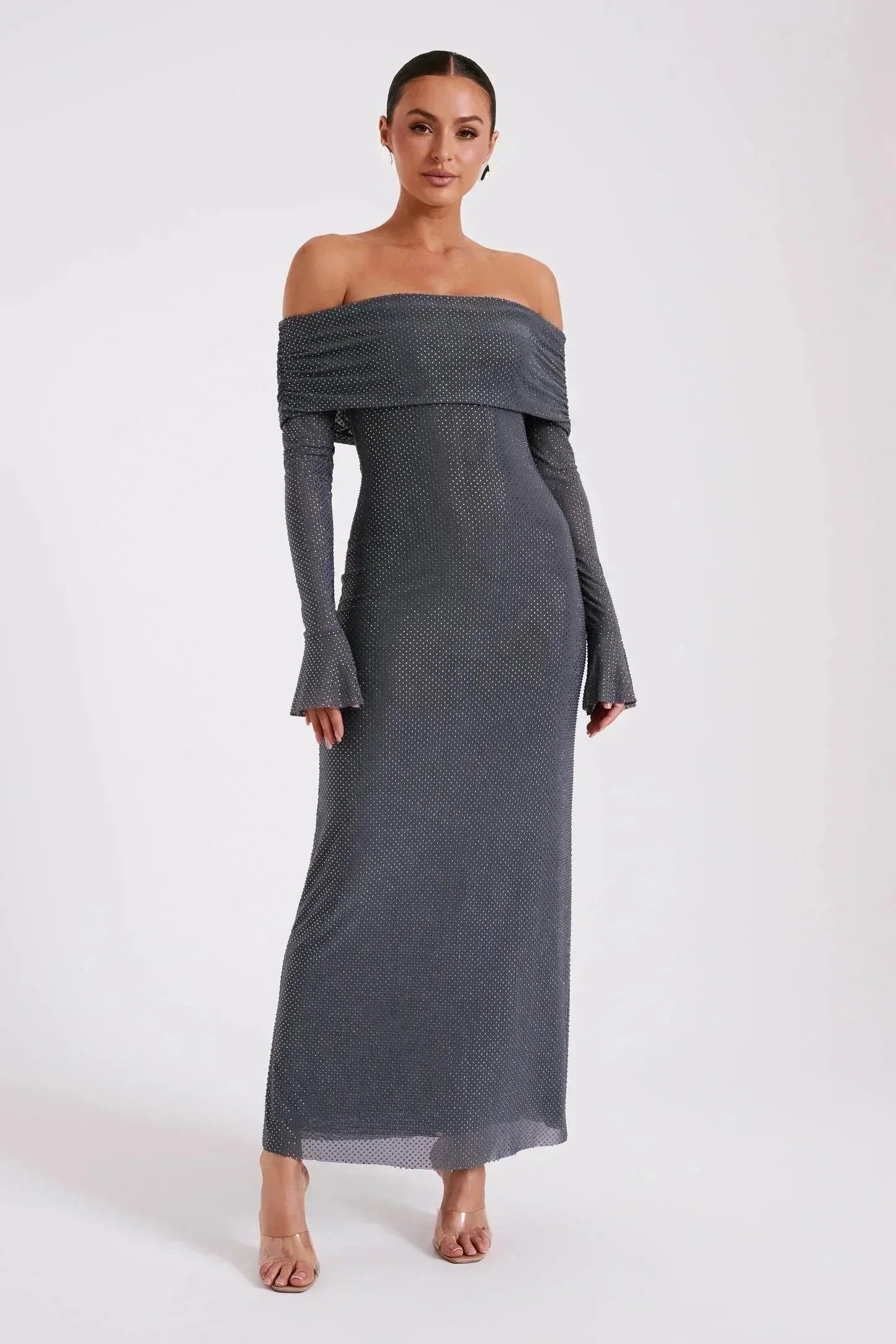 Abito Lungo Donna Paillettes Spalle Scoperte Elegante - Vesarelli