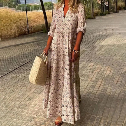 Robe longue à motifs, manches longues, col V, en coton léger, idéale pour l'été et les occasions décontractées.