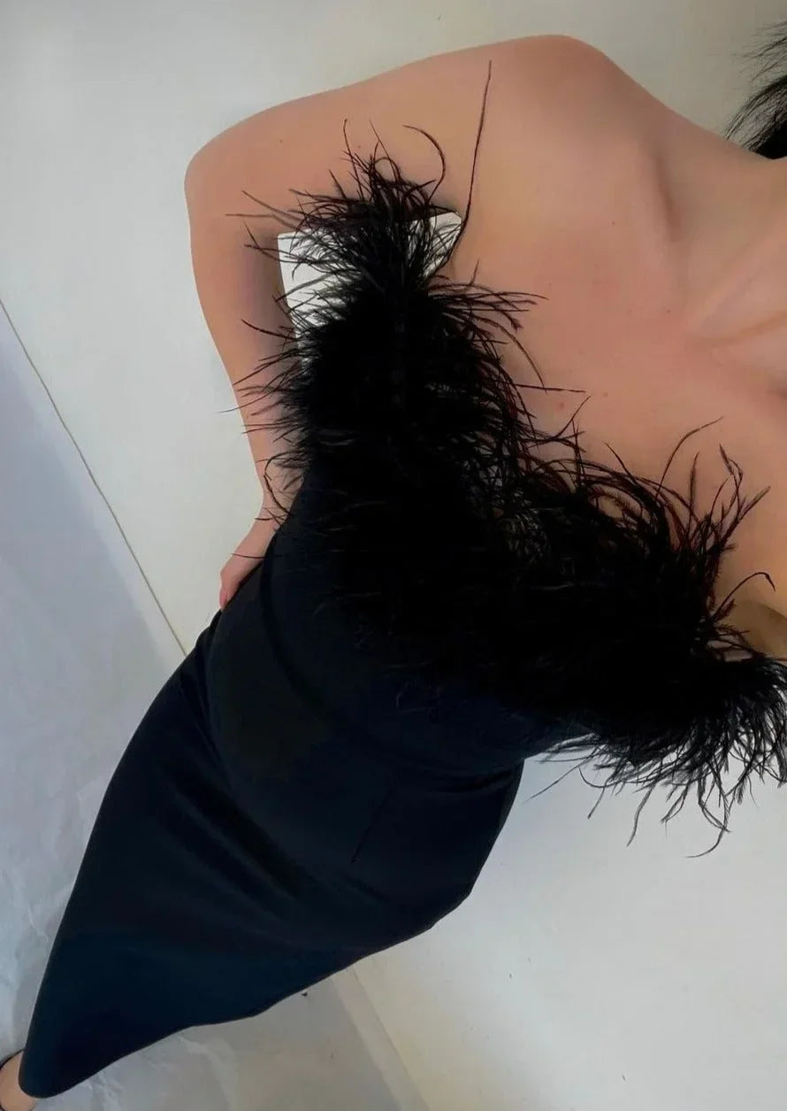 Robe longue noire sans bretelles, en tissu léger, avec une élégante bordure en plumes pour une soirée chic.