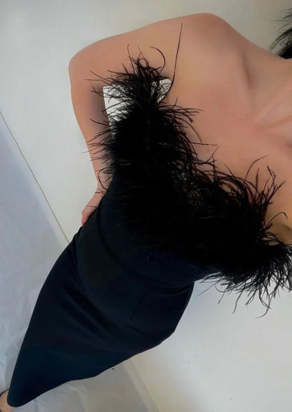 Robe longue noire sans bretelles, en tissu léger, avec une élégante bordure en plumes pour une soirée chic.