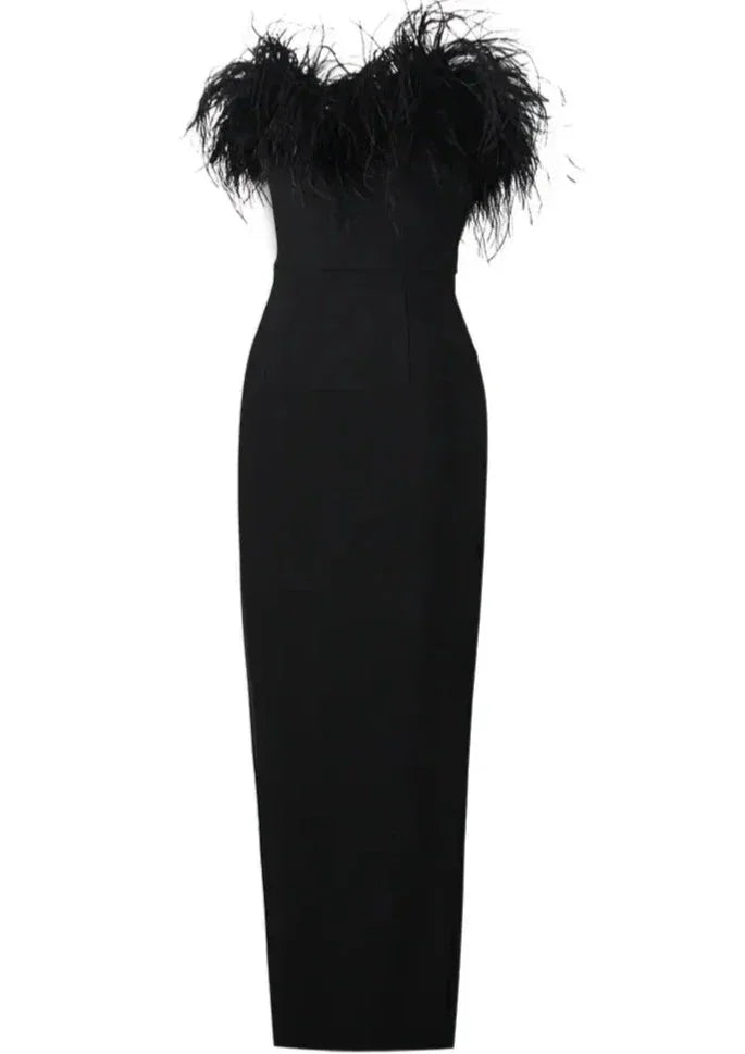 Robe longue noire sans bretelles en tissu léger, ornée d'une bordure en plumes pour une touche élégante, idéale pour les…