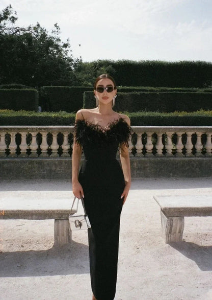 Robe longue noire sans bretelles en tissu léger, ornée de bordures en plumes pour un look élégant lors des soirées.