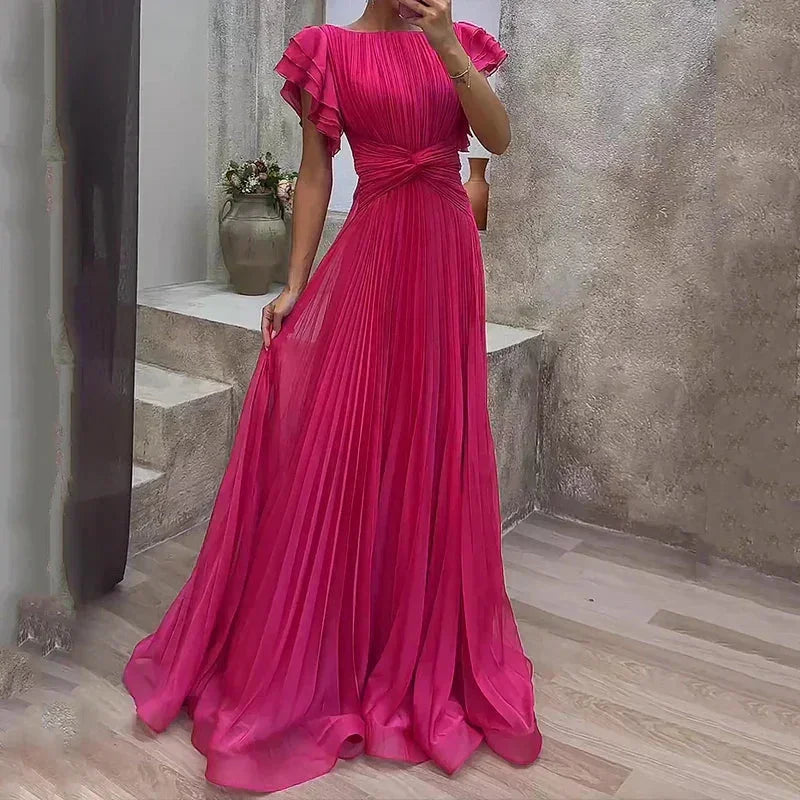 Robe longue plissée en polyester, manches à volants, élégante et fluide, idéale pour les occasions décontractées.