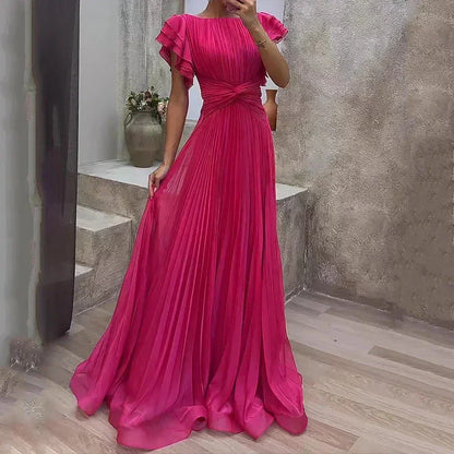 Robe longue plissée en polyester, manches à volants, élégante et fluide, idéale pour les occasions décontractées.