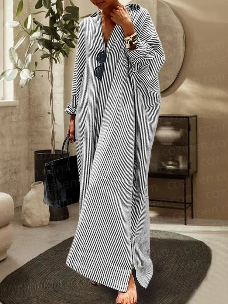 Abito Lungo Donna a Righe Scollo a V Manica Lunga - Vesarelli