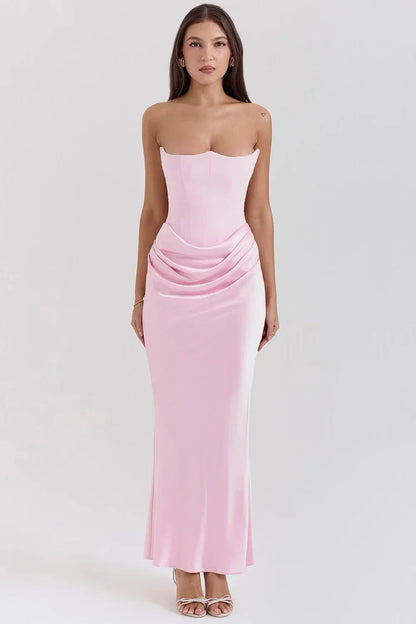 Abito Lungo Donna Bustier Drappeggiato Senza Bretelle - Vesarelli