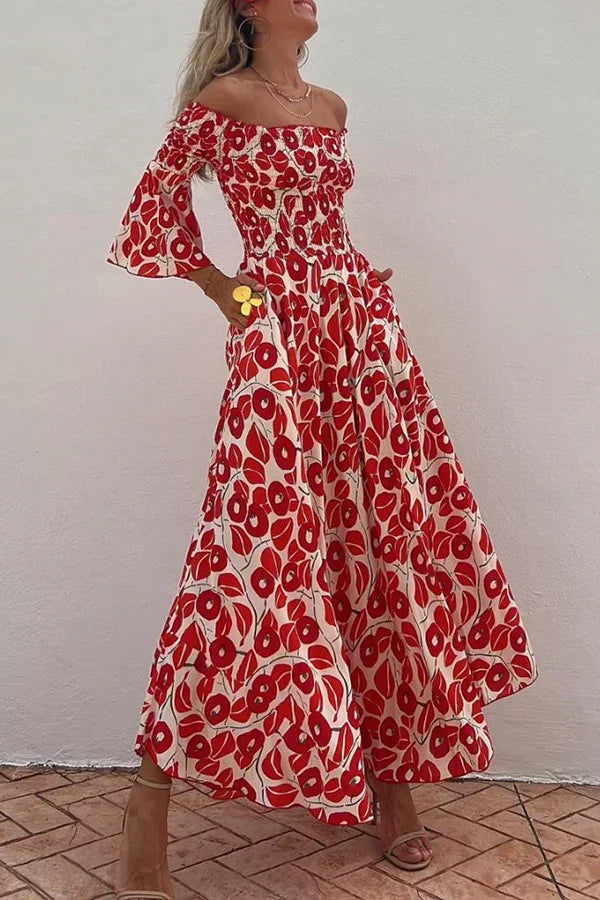 Abito Lungo Donna Spalle Scoperte Fantasia Floreale - Vesarelli