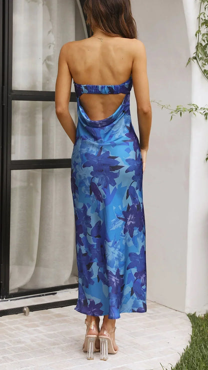 Robe longue sans bretelles en coton léger, motif fleuri coloré, idéale pour les journées d'été.
