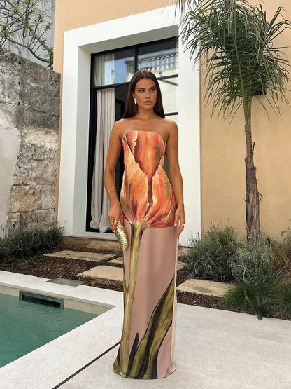 Abito Lungo Donna Senza Spalline Fantasia Floreale - Vesarelli