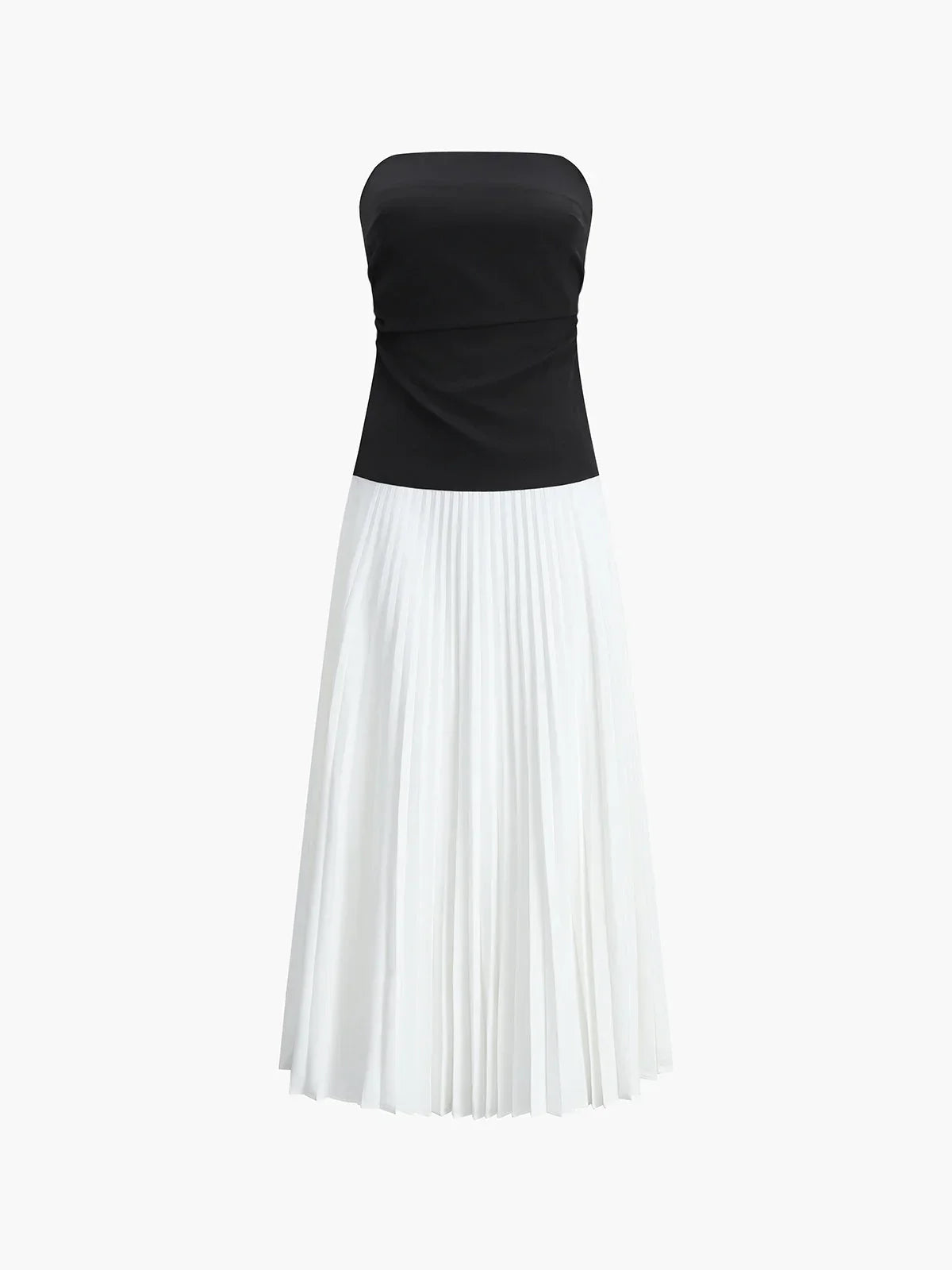 Robe longue sans bretelles en coton léger, avec plis et design bicolore, idéale pour l'été décontracté.