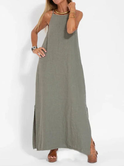Robe longue sans manches en viscose légère, coupe fluide, idéale pour un look décontracté en été.